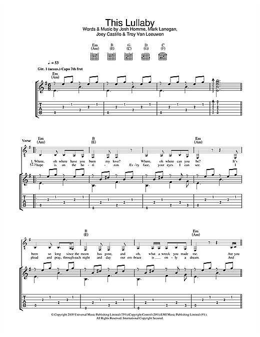 Preview Queens Of The Stone Age This Lullaby Metal sheet music, notes and chords for Guitar Tab, SKU: 32524 sheet music, piano notes, chords, guitar tabs, score, transpose, transcribe, how to play, guide, download, learn, tutorial, progression, song, artist, awards, billboard, mtv, vh1, tour, single, album, release