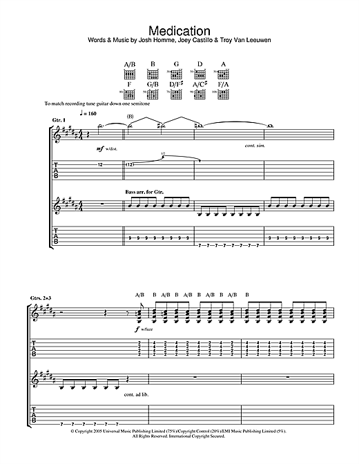 Preview Queens Of The Stone Age Medication Metal sheet music, notes and chords for Guitar Tab, SKU: 32525 sheet music, piano notes, chords, guitar tabs, score, transpose, transcribe, how to play, guide, download, learn, tutorial, progression, song, artist, awards, billboard, mtv, vh1, tour, single, album, release