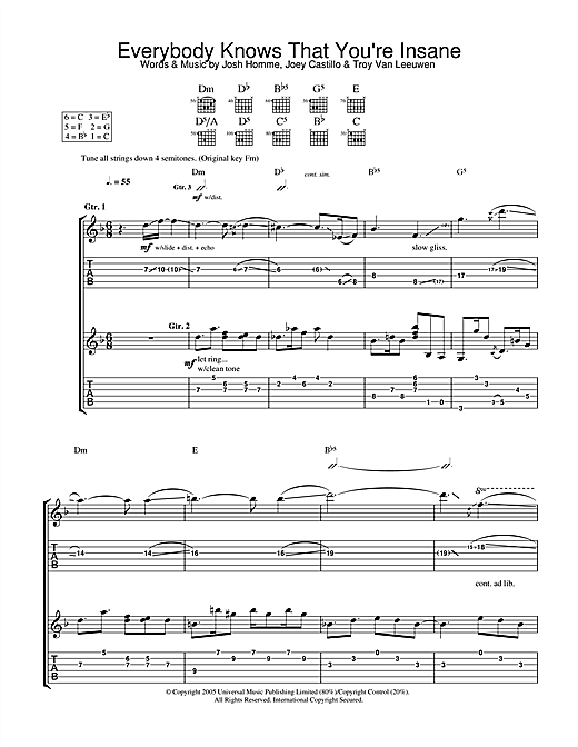 Preview Queens Of The Stone Age Everybody Knows That You're Insane Metal sheet music, notes and chords for Guitar Tab, SKU: 32526 sheet music, piano notes, chords, guitar tabs, score, transpose, transcribe, how to play, guide, download, learn, tutorial, progression, song, artist, awards, billboard, mtv, vh1, tour, single, album, release