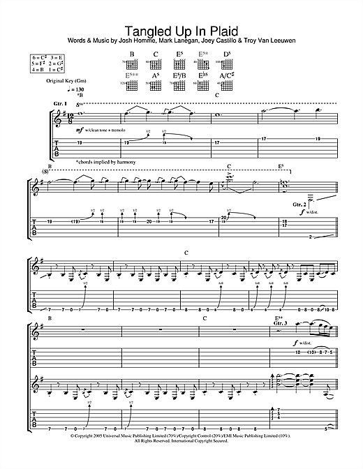 Preview Queens Of The Stone Age Tangled Up In Plaid Metal sheet music, notes and chords for Guitar Tab, SKU: 32527 sheet music, piano notes, chords, guitar tabs, score, transpose, transcribe, how to play, guide, download, learn, tutorial, progression, song, artist, awards, billboard, mtv, vh1, tour, single, album, release