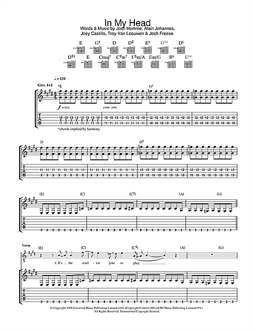Preview Queens Of The Stone Age In My Head Metal sheet music, notes and chords for Guitar Tab, SKU: 32529 sheet music, piano notes, chords, guitar tabs, score, transpose, transcribe, how to play, guide, download, learn, tutorial, progression, song, artist, awards, billboard, mtv, vh1, tour, single, album, release