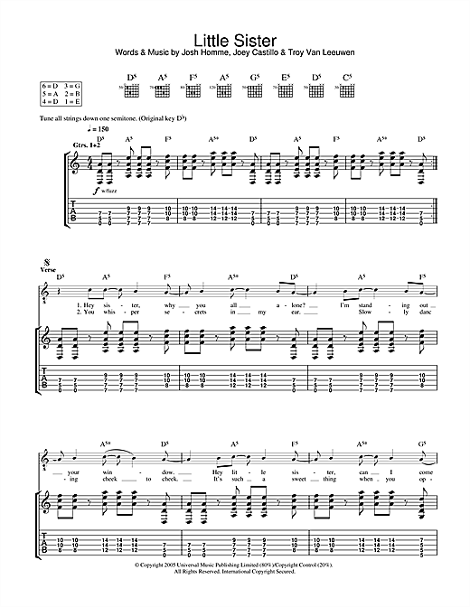 Preview Queens Of The Stone Age Little Sister Metal sheet music, notes and chords for Guitar Tab, SKU: 32530 sheet music, piano notes, chords, guitar tabs, score, transpose, transcribe, how to play, guide, download, learn, tutorial, progression, song, artist, awards, billboard, mtv, vh1, tour, single, album, release