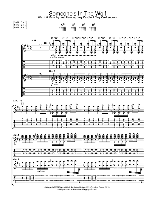 Preview Queens Of The Stone Age Someone's In The Wolf Metal sheet music, notes and chords for Guitar Tab, SKU: 32532 sheet music, piano notes, chords, guitar tabs, score, transpose, transcribe, how to play, guide, download, learn, tutorial, progression, song, artist, awards, billboard, mtv, vh1, tour, single, album, release