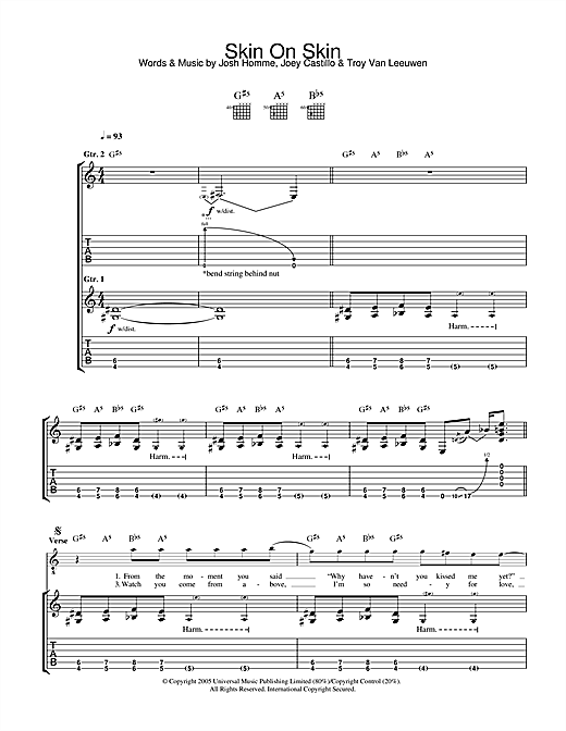 Preview Queens Of The Stone Age Skin On Skin Metal sheet music, notes and chords for Guitar Tab, SKU: 32534 sheet music, piano notes, chords, guitar tabs, score, transpose, transcribe, how to play, guide, download, learn, tutorial, progression, song, artist, awards, billboard, mtv, vh1, tour, single, album, release
