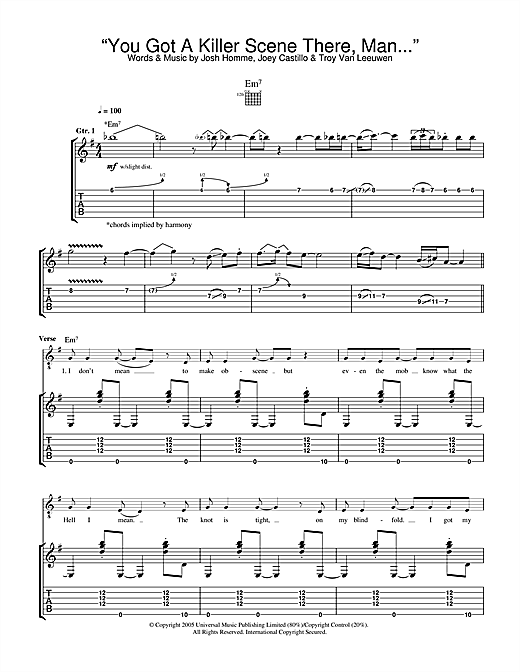 Preview Queens Of The Stone Age You Got A Killer Scene There, Man Metal sheet music, notes and chords for Guitar Tab, SKU: 32536 sheet music, piano notes, chords, guitar tabs, score, transpose, transcribe, how to play, guide, download, learn, tutorial, progression, song, artist, awards, billboard, mtv, vh1, tour, single, album, release