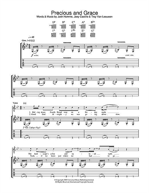Preview Queens Of The Stone Age Precious And Grace Metal sheet music, notes and chords for Guitar Tab, SKU: 32539 sheet music, piano notes, chords, guitar tabs, score, transpose, transcribe, how to play, guide, download, learn, tutorial, progression, song, artist, awards, billboard, mtv, vh1, tour, single, album, release