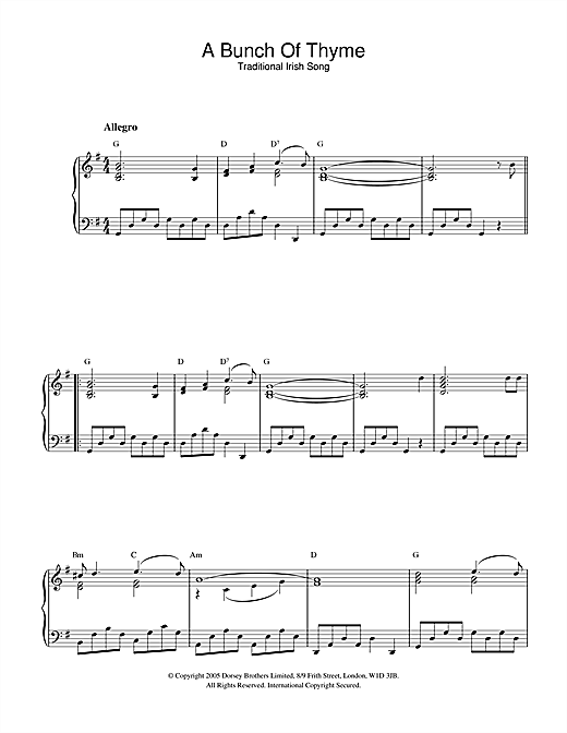 Preview Traditional Irish Song A Bunch Of Thyme Folk sheet music, notes and chords for Piano, SKU: 32551 sheet music, piano notes, chords, guitar tabs, score, transpose, transcribe, how to play, guide, download, learn, tutorial, progression, song, artist, awards, billboard, mtv, vh1, tour, single, album, release