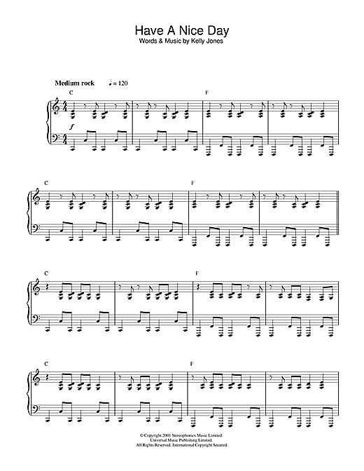 Preview Stereophonics Have A Nice Day Pop sheet music, notes and chords for Piano, SKU: 32556 sheet music, piano notes, chords, guitar tabs, score, transpose, transcribe, how to play, guide, download, learn, tutorial, progression, song, artist, awards, billboard, mtv, vh1, tour, single, album, release