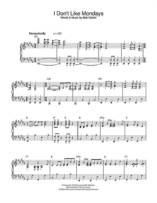 Preview The Boomtown Rats I Don't Like Mondays Pop sheet music, notes and chords for Piano, SKU: 32557 sheet music, piano notes, chords, guitar tabs, score, transpose, transcribe, how to play, guide, download, learn, tutorial, progression, song, artist, awards, billboard, mtv, vh1, tour, single, album, release