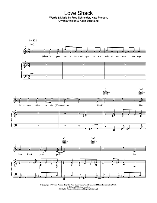 Preview The B-52's Love Shack Pop sheet music, notes and chords for Piano, Vocal & Guitar (Right-Hand Melody), SKU: 32562 sheet music, piano notes, chords, guitar tabs, score, transpose, transcribe, how to play, guide, download, learn, tutorial, progression, song, artist, awards, billboard, mtv, vh1, tour, single, album, release