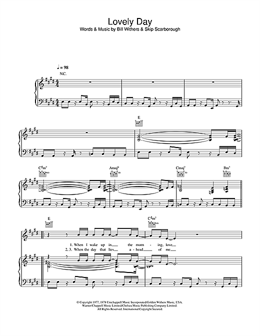 Preview Bill Withers Lovely Day Pop sheet music, notes and chords for Piano, Vocal & Guitar (Right-Hand Melody), SKU: 32563 sheet music, piano notes, chords, guitar tabs, score, transpose, transcribe, how to play, guide, download, learn, tutorial, progression, song, artist, awards, billboard, mtv, vh1, tour, single, album, release