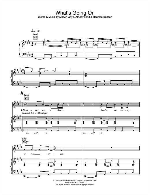 Preview Marvin Gaye What's Going On Soul sheet music, notes and chords for Piano, Vocal & Guitar, SKU: 32564 sheet music, piano notes, chords, guitar tabs, score, transpose, transcribe, how to play, guide, download, learn, tutorial, progression, song, artist, awards, billboard, mtv, vh1, tour, single, album, release