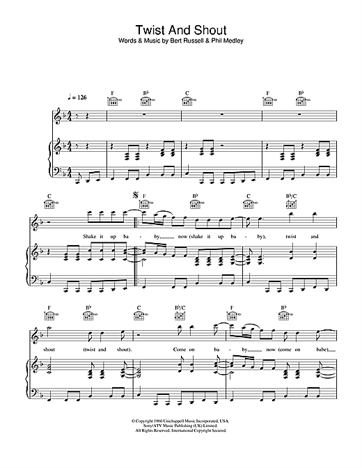 Preview The Isley Brothers Twist And Shout Pop sheet music, notes and chords for Piano, Vocal & Guitar (Right-Hand Melody), SKU: 32565 sheet music, piano notes, chords, guitar tabs, score, transpose, transcribe, how to play, guide, download, learn, tutorial, progression, song, artist, awards, billboard, mtv, vh1, tour, single, album, release