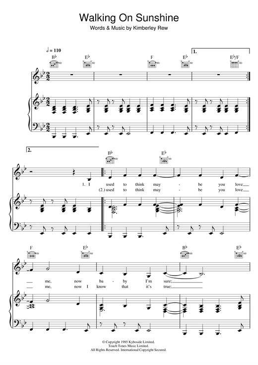 Preview Katrina and the Waves Walking On Sunshine Pop sheet music, notes and chords for Piano, Vocal & Guitar (Right-Hand Melody), SKU: 32566 sheet music, piano notes, chords, guitar tabs, score, transpose, transcribe, how to play, guide, download, learn, tutorial, progression, song, artist, awards, billboard, mtv, vh1, tour, single, album, release
