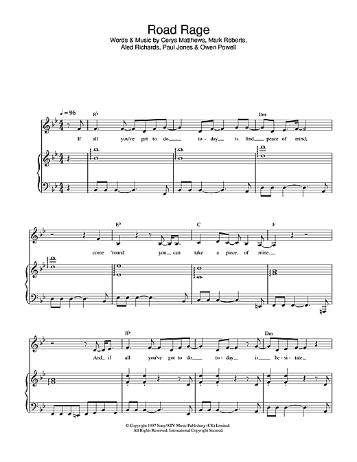 Preview Catatonia Road Rage Rock sheet music, notes and chords for Piano & Vocal, SKU: 32579 sheet music, piano notes, chords, guitar tabs, score, transpose, transcribe, how to play, guide, download, learn, tutorial, progression, song, artist, awards, billboard, mtv, vh1, tour, single, album, release
