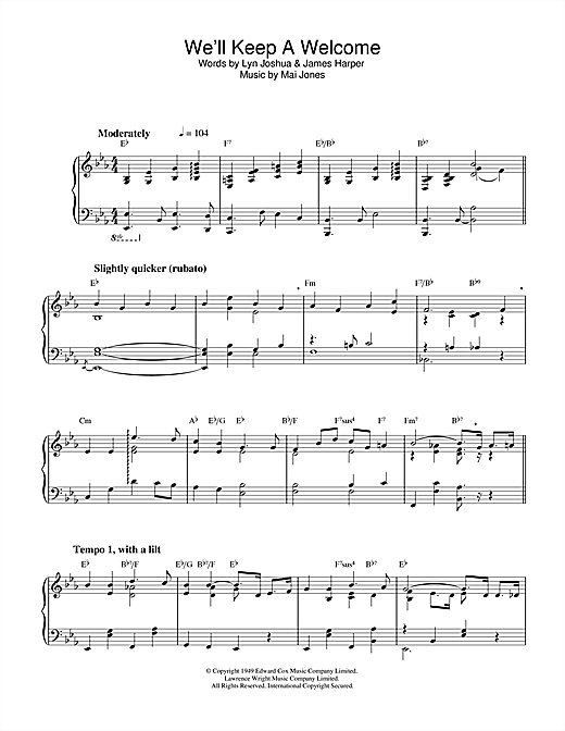 Preview Mai Jones We'll Keep A Welcome Folk sheet music, notes and chords for Piano, SKU: 32588 sheet music, piano notes, chords, guitar tabs, score, transpose, transcribe, how to play, guide, download, learn, tutorial, progression, song, artist, awards, billboard, mtv, vh1, tour, single, album, release