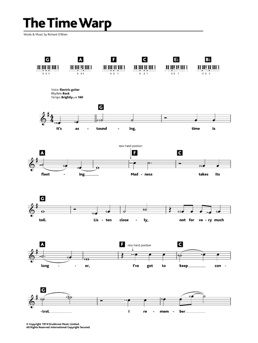 Preview Richard O'Brien The Time Warp (from The Rocky Horror Picture Show) Musicals sheet music, notes and chords for Keyboard, SKU: 32589 sheet music, piano notes, chords, guitar tabs, score, transpose, transcribe, how to play, guide, download, learn, tutorial, progression, song, artist, awards, billboard, mtv, vh1, tour, single, album, release