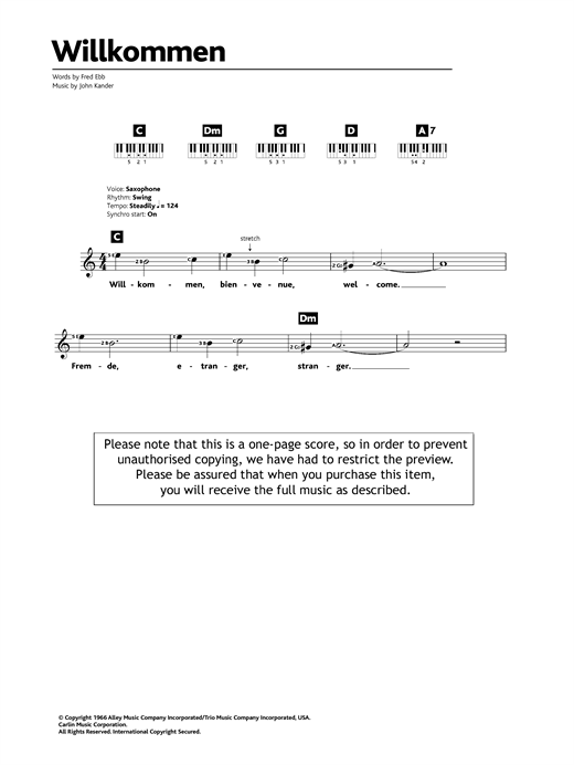 Preview Kander & Ebb Willkommen (from Cabaret) Musicals sheet music, notes and chords for Keyboard, SKU: 32590 sheet music, piano notes, chords, guitar tabs, score, transpose, transcribe, how to play, guide, download, learn, tutorial, progression, song, artist, awards, billboard, mtv, vh1, tour, single, album, release
