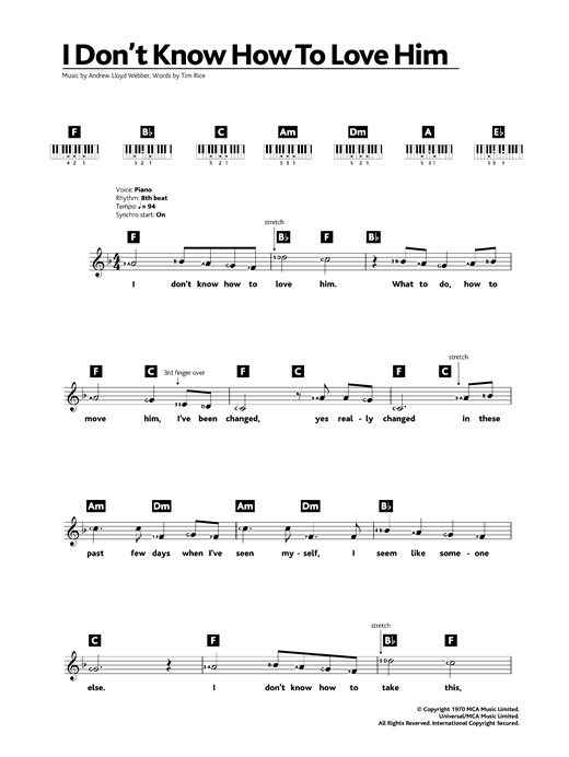 Preview Andrew Lloyd Webber I Don't Know How To Love Him (from Jesus Christ Superstar) Musicals sheet music, notes and chords for Keyboard, SKU: 32594 sheet music, piano notes, chords, guitar tabs, score, transpose, transcribe, how to play, guide, download, learn, tutorial, progression, song, artist, awards, billboard, mtv, vh1, tour, single, album, release