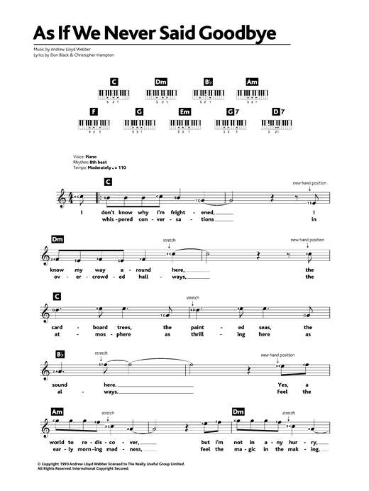 Preview Andrew Lloyd Webber As If We Never Said Goodbye (from Sunset Boulevard) Musicals sheet music, notes and chords for Keyboard, SKU: 32597 sheet music, piano notes, chords, guitar tabs, score, transpose, transcribe, how to play, guide, download, learn, tutorial, progression, song, artist, awards, billboard, mtv, vh1, tour, single, album, release