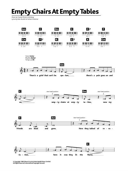 Preview Boublil and Schonberg Empty Chairs At Empty Tables (from Les Miserables) Musicals sheet music, notes and chords for Keyboard, SKU: 32599 sheet music, piano notes, chords, guitar tabs, score, transpose, transcribe, how to play, guide, download, learn, tutorial, progression, song, artist, awards, billboard, mtv, vh1, tour, single, album, release