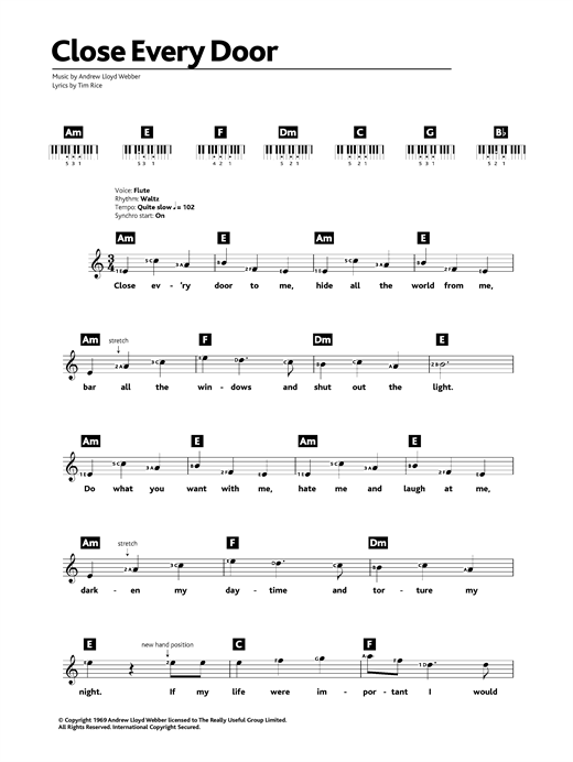 Preview Andrew Lloyd Webber Close Every Door (from Joseph And The Amazing Technicolor Dreamcoat) Musicals sheet music, notes and chords for Keyboard, SKU: 32600 sheet music, piano notes, chords, guitar tabs, score, transpose, transcribe, how to play, guide, download, learn, tutorial, progression, song, artist, awards, billboard, mtv, vh1, tour, single, album, release