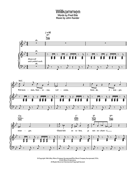 Preview Kander & Ebb Willkommen (from Cabaret) Musicals sheet music, notes and chords for Piano & Vocal, SKU: 32602 sheet music, piano notes, chords, guitar tabs, score, transpose, transcribe, how to play, guide, download, learn, tutorial, progression, song, artist, awards, billboard, mtv, vh1, tour, single, album, release