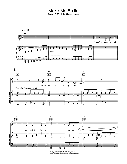 Preview Steve Harley & Cockney Rebel Make Me Smile (Come Up And See Me) Pop sheet music, notes and chords for Piano, Vocal & Guitar, SKU: 32604 sheet music, piano notes, chords, guitar tabs, score, transpose, transcribe, how to play, guide, download, learn, tutorial, progression, song, artist, awards, billboard, mtv, vh1, tour, single, album, release