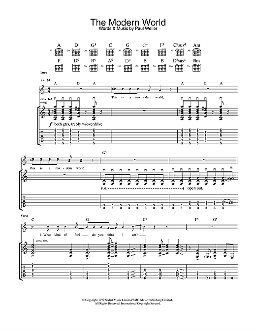 Preview The Jam The Modern World Rock sheet music, notes and chords for Guitar Tab, SKU: 32606 sheet music, piano notes, chords, guitar tabs, score, transpose, transcribe, how to play, guide, download, learn, tutorial, progression, song, artist, awards, billboard, mtv, vh1, tour, single, album, release