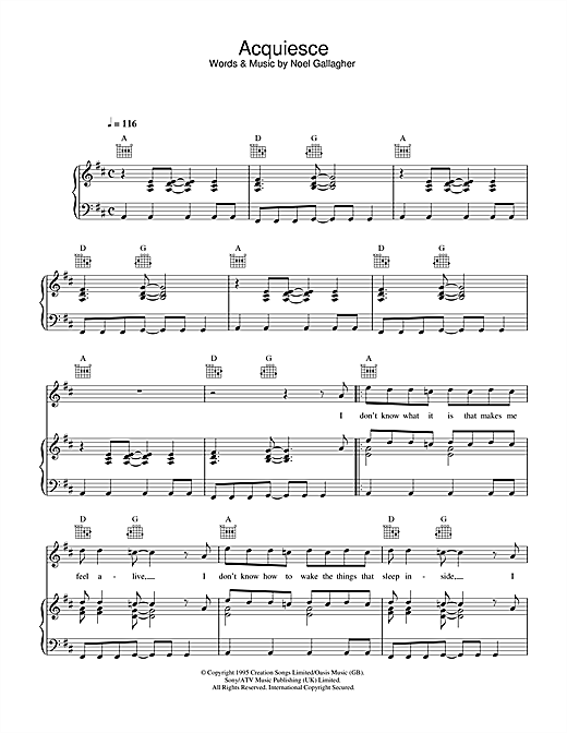 Preview Oasis Acquiesce Rock sheet music, notes and chords for Piano, Vocal & Guitar (Right-Hand Melody), SKU: 32608 sheet music, piano notes, chords, guitar tabs, score, transpose, transcribe, how to play, guide, download, learn, tutorial, progression, song, artist, awards, billboard, mtv, vh1, tour, single, album, release