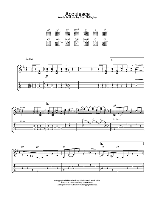 Preview Oasis Acquiesce Rock sheet music, notes and chords for Guitar Tab, SKU: 32609 sheet music, piano notes, chords, guitar tabs, score, transpose, transcribe, how to play, guide, download, learn, tutorial, progression, song, artist, awards, billboard, mtv, vh1, tour, single, album, release
