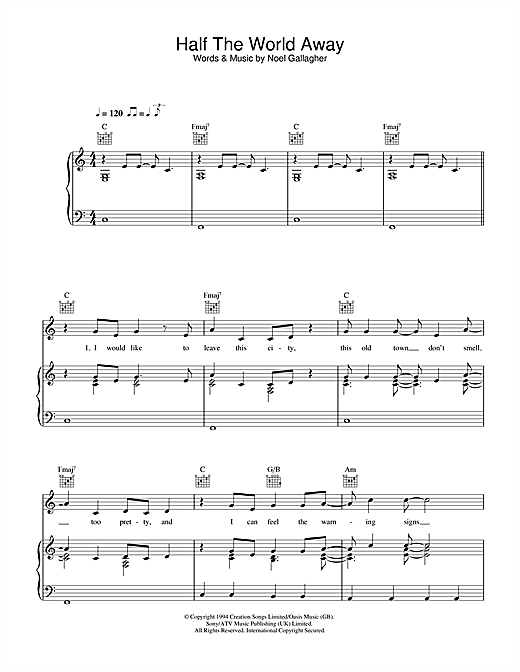 Preview Oasis Half The World Away Rock sheet music, notes and chords for Piano, Vocal & Guitar (Right-Hand Melody), SKU: 32610 sheet music, piano notes, chords, guitar tabs, score, transpose, transcribe, how to play, guide, download, learn, tutorial, progression, song, artist, awards, billboard, mtv, vh1, tour, single, album, release