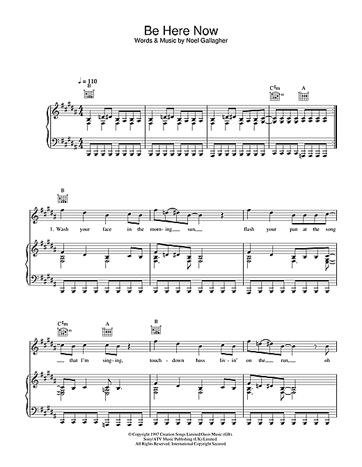 Preview Oasis Be Here Now Rock sheet music, notes and chords for Piano, Vocal & Guitar (Right-Hand Melody), SKU: 32611 sheet music, piano notes, chords, guitar tabs, score, transpose, transcribe, how to play, guide, download, learn, tutorial, progression, song, artist, awards, billboard, mtv, vh1, tour, single, album, release
