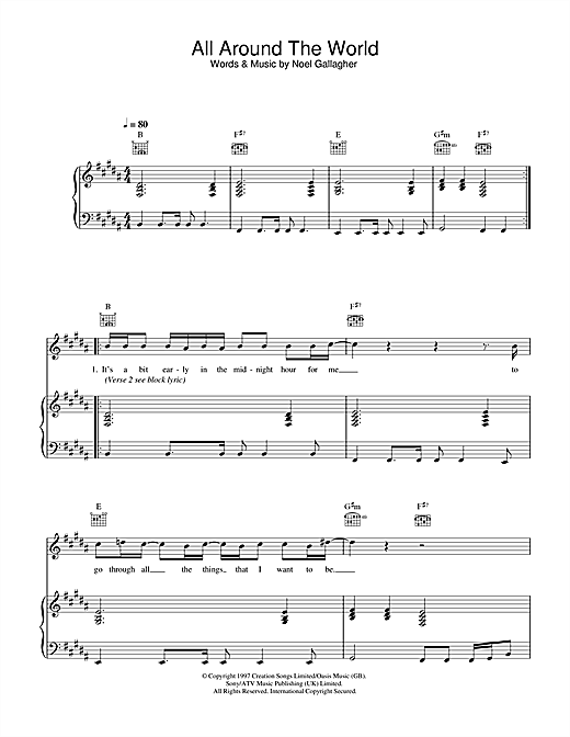 Preview Oasis All Around The World Rock sheet music, notes and chords for Piano, Vocal & Guitar, SKU: 32612 sheet music, piano notes, chords, guitar tabs, score, transpose, transcribe, how to play, guide, download, learn, tutorial, progression, song, artist, awards, billboard, mtv, vh1, tour, single, album, release