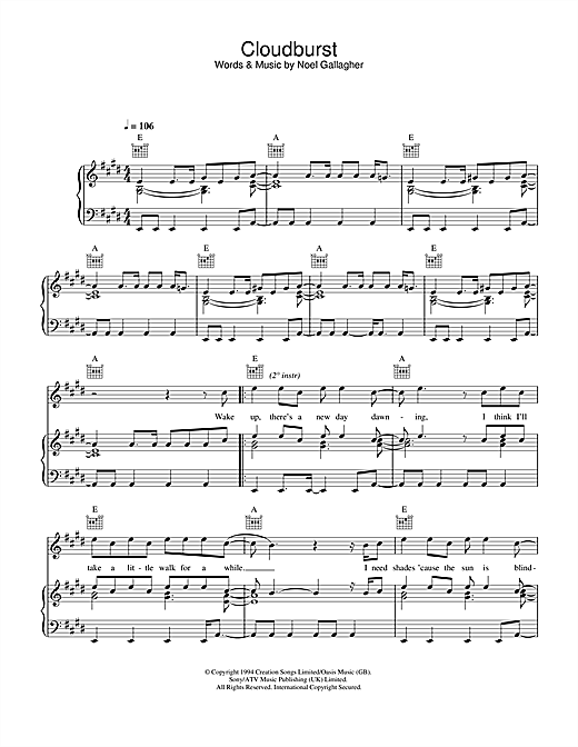Preview Oasis Cloudburst Rock sheet music, notes and chords for Piano, Vocal & Guitar (Right-Hand Melody), SKU: 32613 sheet music, piano notes, chords, guitar tabs, score, transpose, transcribe, how to play, guide, download, learn, tutorial, progression, song, artist, awards, billboard, mtv, vh1, tour, single, album, release