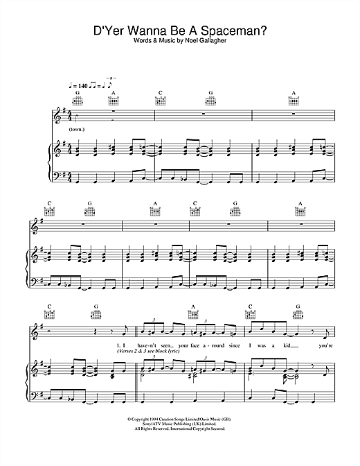 Preview Oasis D'Yer Wanna Be A Spaceman? Rock sheet music, notes and chords for Piano, Vocal & Guitar (Right-Hand Melody), SKU: 32615 sheet music, piano notes, chords, guitar tabs, score, transpose, transcribe, how to play, guide, download, learn, tutorial, progression, song, artist, awards, billboard, mtv, vh1, tour, single, album, release