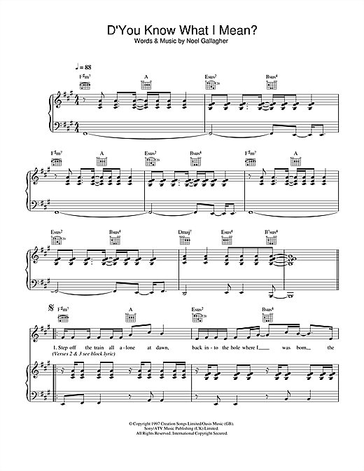 Preview Oasis D'You Know What I Mean? Rock sheet music, notes and chords for Piano, Vocal & Guitar (Right-Hand Melody), SKU: 32616 sheet music, piano notes, chords, guitar tabs, score, transpose, transcribe, how to play, guide, download, learn, tutorial, progression, song, artist, awards, billboard, mtv, vh1, tour, single, album, release