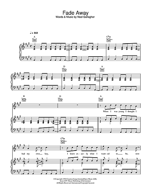 Preview Oasis Fade Away Rock sheet music, notes and chords for Piano, Vocal & Guitar (Right-Hand Melody), SKU: 32617 sheet music, piano notes, chords, guitar tabs, score, transpose, transcribe, how to play, guide, download, learn, tutorial, progression, song, artist, awards, billboard, mtv, vh1, tour, single, album, release