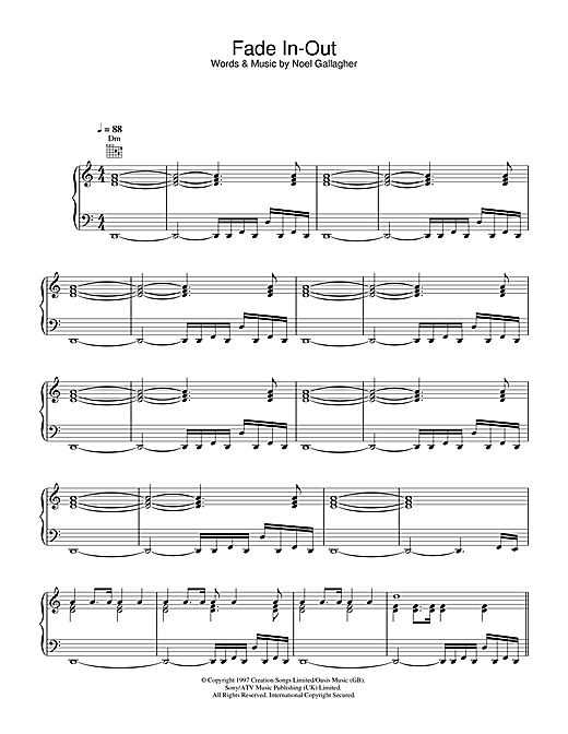 Preview Oasis Fade In-Out Rock sheet music, notes and chords for Piano, Vocal & Guitar, SKU: 32618 sheet music, piano notes, chords, guitar tabs, score, transpose, transcribe, how to play, guide, download, learn, tutorial, progression, song, artist, awards, billboard, mtv, vh1, tour, single, album, release