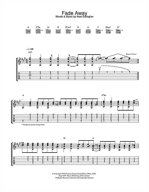 Preview Oasis Fade Away Rock sheet music, notes and chords for Guitar Tab, SKU: 32619 sheet music, piano notes, chords, guitar tabs, score, transpose, transcribe, how to play, guide, download, learn, tutorial, progression, song, artist, awards, billboard, mtv, vh1, tour, single, album, release