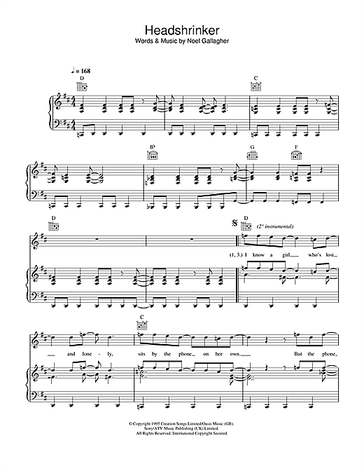 Preview Oasis Headshrinker Rock sheet music, notes and chords for Piano, Vocal & Guitar (Right-Hand Melody), SKU: 32622 sheet music, piano notes, chords, guitar tabs, score, transpose, transcribe, how to play, guide, download, learn, tutorial, progression, song, artist, awards, billboard, mtv, vh1, tour, single, album, release