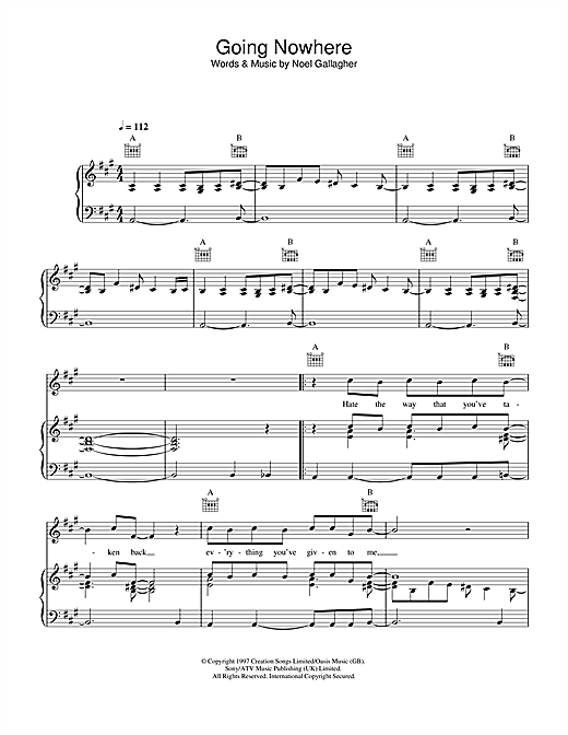 Preview Oasis Going Nowhere Rock sheet music, notes and chords for Piano, Vocal & Guitar (Right-Hand Melody), SKU: 32623 sheet music, piano notes, chords, guitar tabs, score, transpose, transcribe, how to play, guide, download, learn, tutorial, progression, song, artist, awards, billboard, mtv, vh1, tour, single, album, release