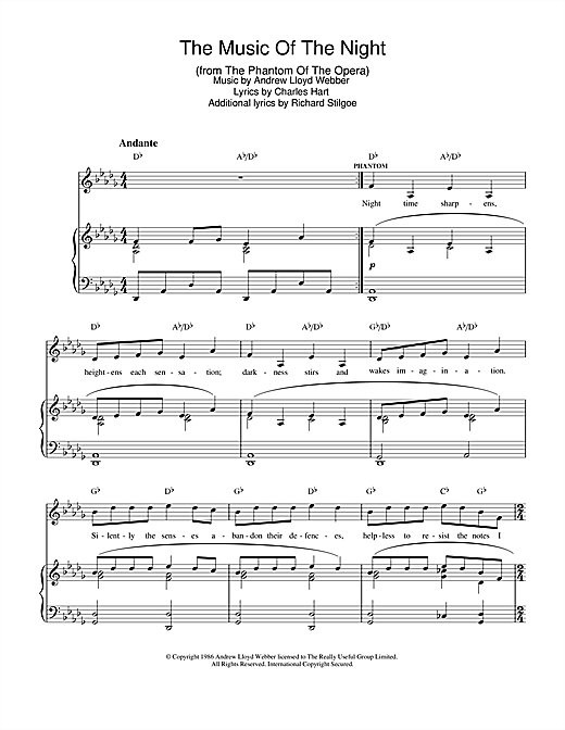 Preview Andrew Lloyd Webber The Music Of The Night (from The Phantom Of The Opera) Musicals sheet music, notes and chords for Piano, Vocal & Guitar (Right-Hand Melody), SKU: 32625 sheet music, piano notes, chords, guitar tabs, score, transpose, transcribe, how to play, guide, download, learn, tutorial, progression, song, artist, awards, billboard, mtv, vh1, tour, single, album, release