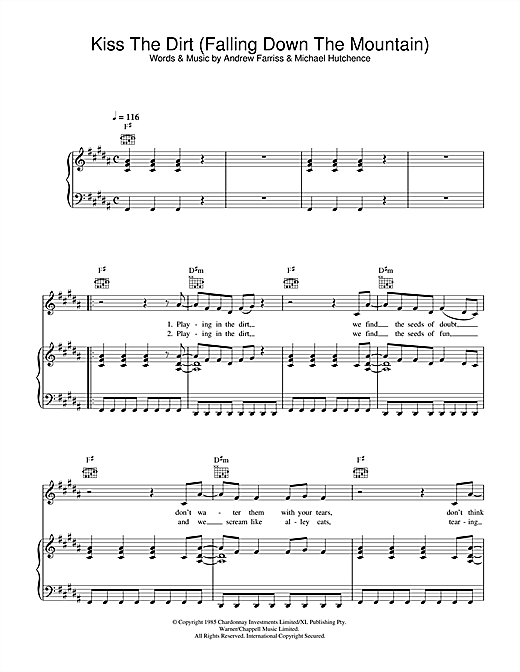 Preview INXS Kiss The Dirt (Falling Down The Mountain) Rock sheet music, notes and chords for Piano, Vocal & Guitar (Right-Hand Melody), SKU: 32626 sheet music, piano notes, chords, guitar tabs, score, transpose, transcribe, how to play, guide, download, learn, tutorial, progression, song, artist, awards, billboard, mtv, vh1, tour, single, album, release