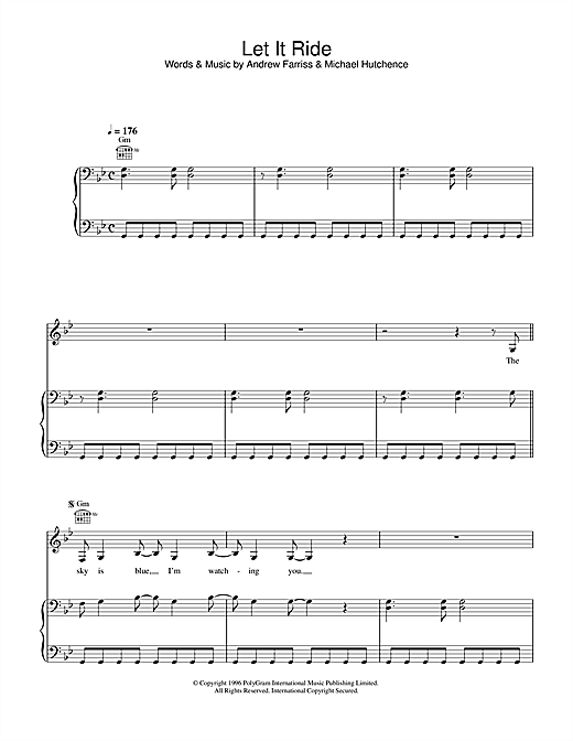 Preview INXS Let It Ride Rock sheet music, notes and chords for Piano, Vocal & Guitar (Right-Hand Melody), SKU: 32627 sheet music, piano notes, chords, guitar tabs, score, transpose, transcribe, how to play, guide, download, learn, tutorial, progression, song, artist, awards, billboard, mtv, vh1, tour, single, album, release