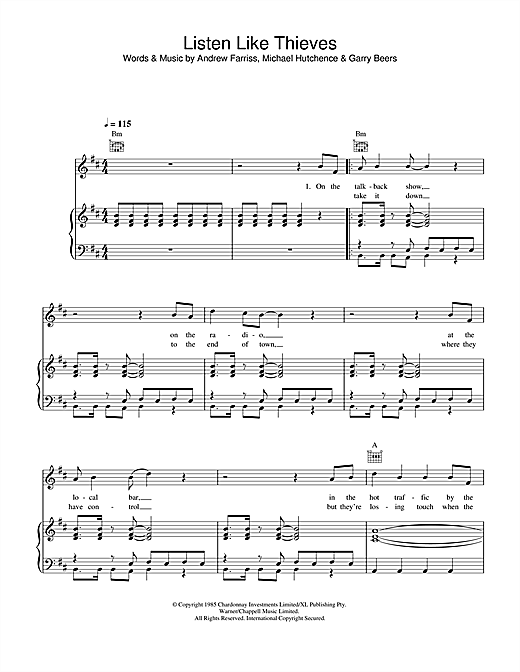 Preview INXS Listen Like Thieves Rock sheet music, notes and chords for Piano, Vocal & Guitar, SKU: 32629 sheet music, piano notes, chords, guitar tabs, score, transpose, transcribe, how to play, guide, download, learn, tutorial, progression, song, artist, awards, billboard, mtv, vh1, tour, single, album, release
