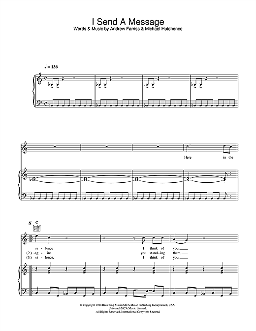 Preview INXS I Send A Message Rock sheet music, notes and chords for Piano, Vocal & Guitar, SKU: 32630 sheet music, piano notes, chords, guitar tabs, score, transpose, transcribe, how to play, guide, download, learn, tutorial, progression, song, artist, awards, billboard, mtv, vh1, tour, single, album, release