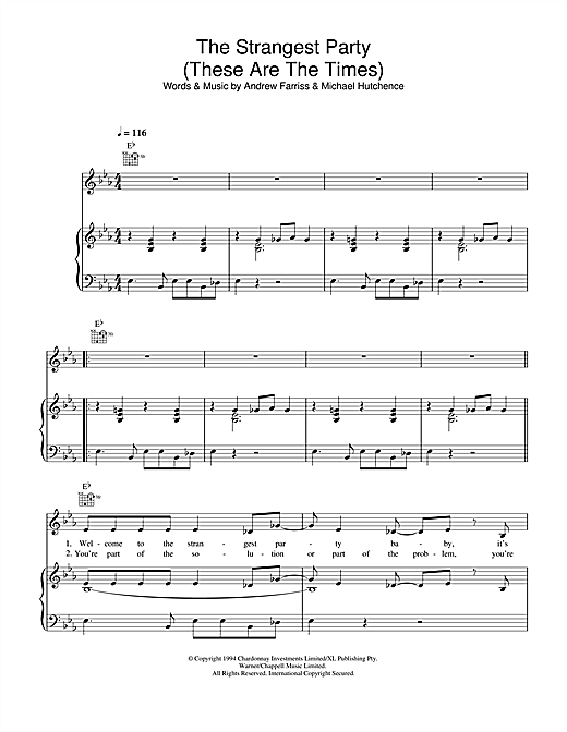 Preview INXS The Strangest Party (These Are The Times) Rock sheet music, notes and chords for Piano, Vocal & Guitar (Right-Hand Melody), SKU: 32631 sheet music, piano notes, chords, guitar tabs, score, transpose, transcribe, how to play, guide, download, learn, tutorial, progression, song, artist, awards, billboard, mtv, vh1, tour, single, album, release