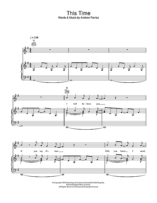 Preview INXS This Time Rock sheet music, notes and chords for Piano, Vocal & Guitar (Right-Hand Melody), SKU: 32632 sheet music, piano notes, chords, guitar tabs, score, transpose, transcribe, how to play, guide, download, learn, tutorial, progression, song, artist, awards, billboard, mtv, vh1, tour, single, album, release