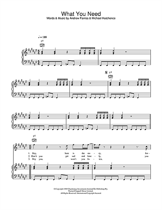 Preview INXS What You Need Rock sheet music, notes and chords for Piano, Vocal & Guitar, SKU: 32633 sheet music, piano notes, chords, guitar tabs, score, transpose, transcribe, how to play, guide, download, learn, tutorial, progression, song, artist, awards, billboard, mtv, vh1, tour, single, album, release